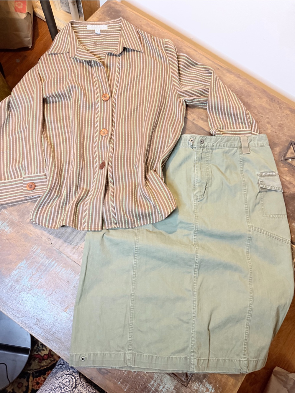OUTFIT! Foxcroft Striped Button-Down Shirt in Brown, Sage & Cream w/Olive Skirt